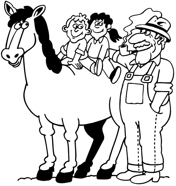 Farmer standing by horse with two kids on it vinyl sticker. Customize on line.      Agriculture Crops Farming Horse Farmer 003-0145  